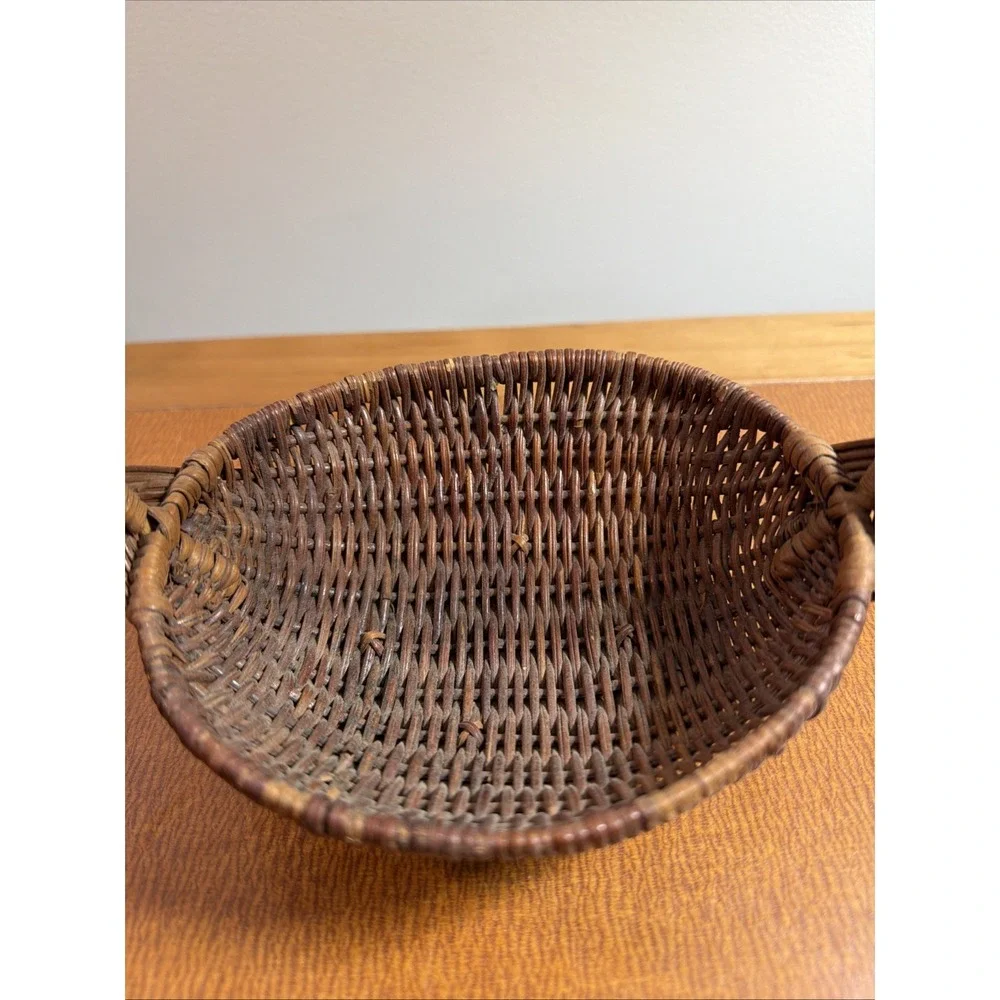 Vtg Woven Wooden Gathering Basket Arched Handle 7